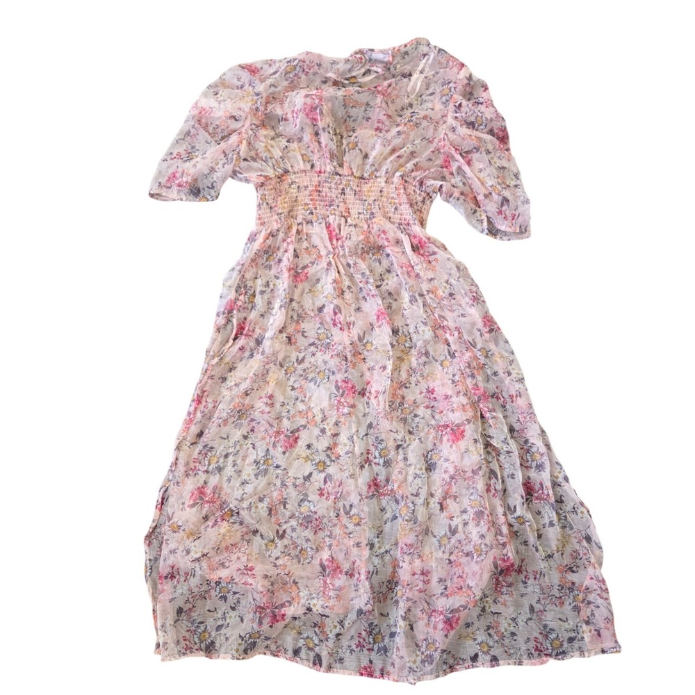L.I.F.E. Floral Maxi Dress Sheer V-Neck Smocked Waist‎ Slits Size XL - Picture 7 of 7